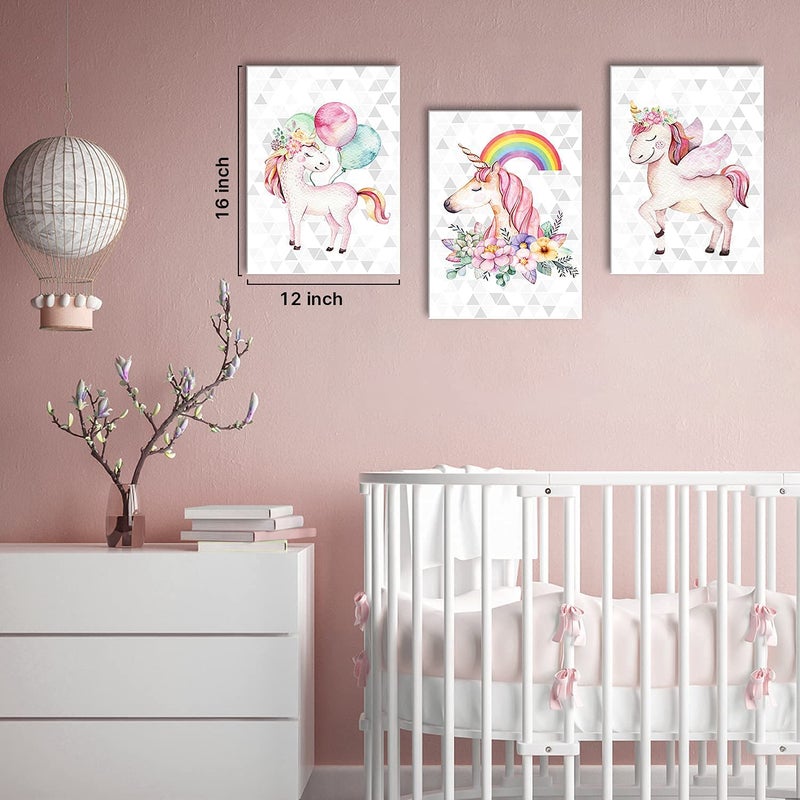 YOOOAHU Unicorn Wall Art Unicorn Bedroom Decor for Girls Colorful Rainbow Balloon Posters Nursery Room Painting Girly Pink Floral Canvas Pictures Artwork Kids Toddler Bathroom Home Decorations 12x16" 3 Pieces - Image 2